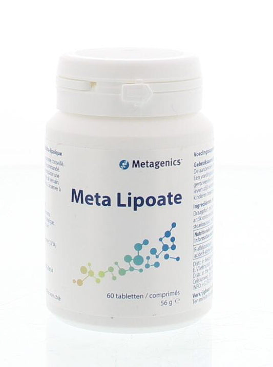 Metagenics Meta Lipoate 200 supplement bottles, featuring 60 tablets of amino acids for health support.