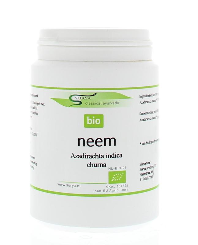 Surya Neem Churna bio 100g, herbal powder from Surya, used in traditional herbal remedies, shown in a clear container.