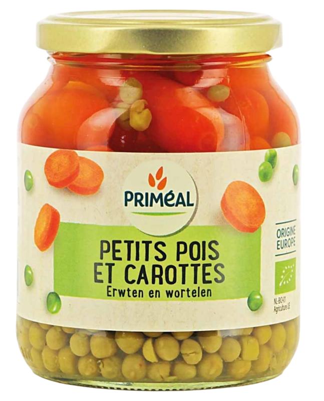Organic Primeal Doperwten wortelen, 330g, fresh peas, carrots, and vegetables in a clear container.