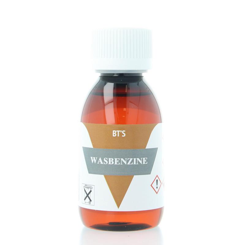 BT'S Wasbenzine cleaning solvent in a 120ml bottle, used for household and industrial cleaning tasks.