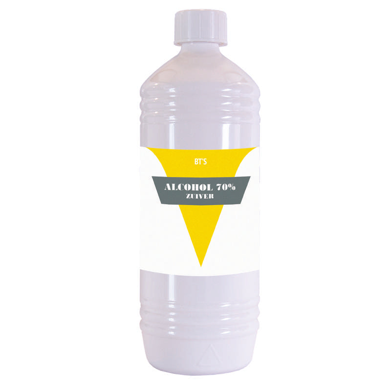 BT'S Alcohol 70% disinfectant in a 1-liter bottle, showing clear liquid and label for sanitizing and cleaning purposes