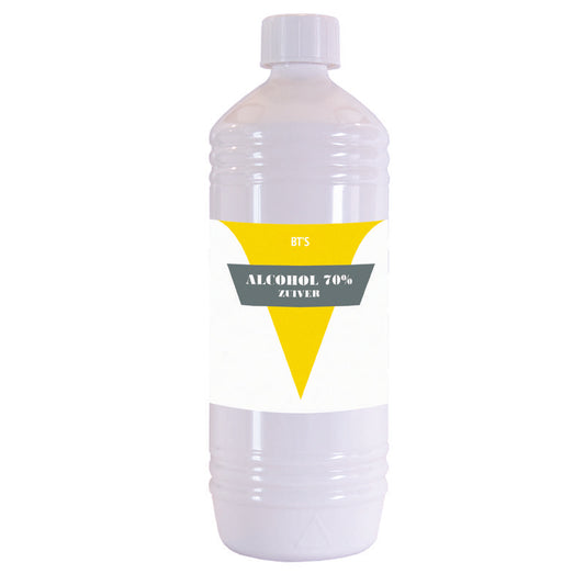 BT'S Alcohol 70% disinfectant in a 1-liter bottle, showing clear liquid and label for sanitizing and cleaning purposes