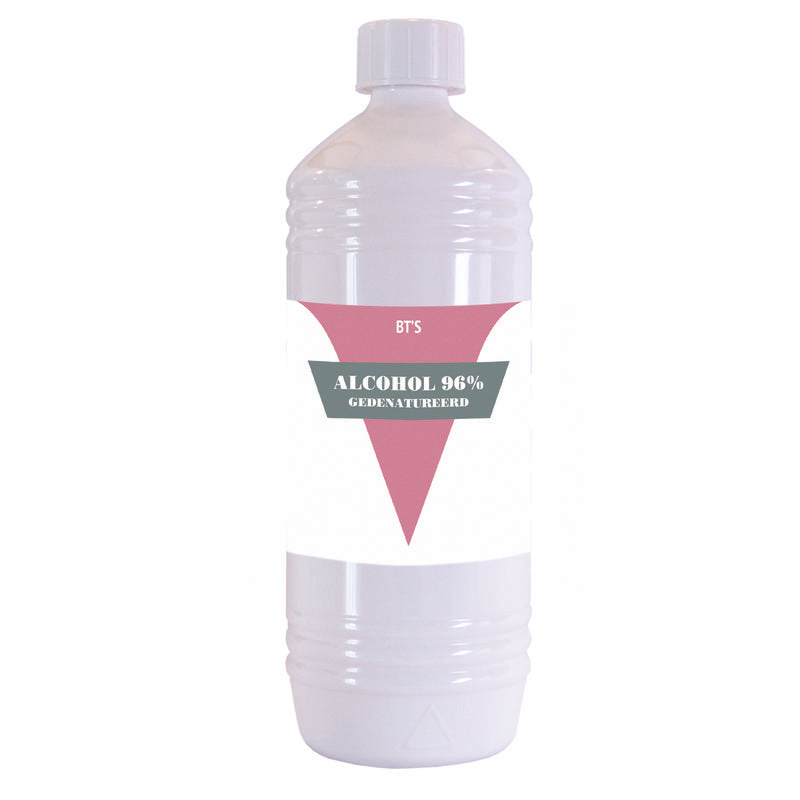 BT'S Alcohol 96% disinfectant bottle, 1 liter, with clear liquid suitable for surface sterilization and cleaning.