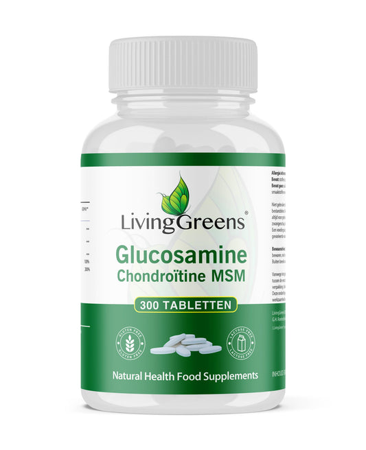 Livinggreens Glucosamine, chondroitin, MSM mineral supplement tablets, showing a bottle with white tablets inside.