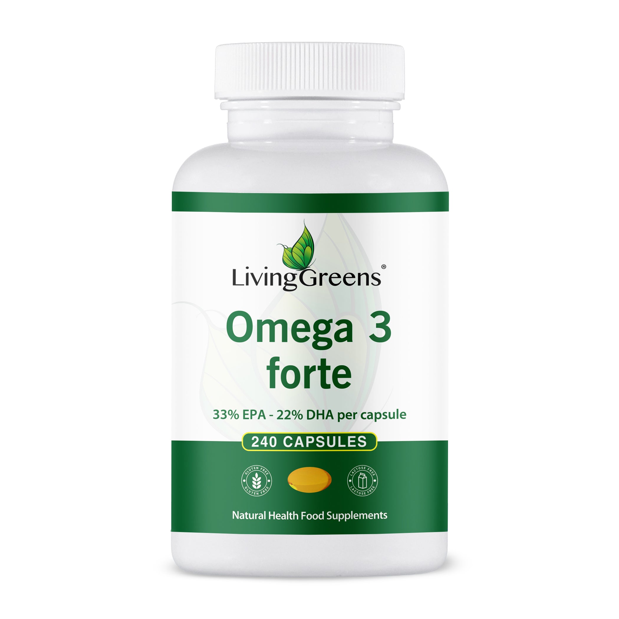 Livinggreens Omega 3 visolie forte capsules, dietary omega-3 fatty acids supplement, close-up of the product bottle and capsules.