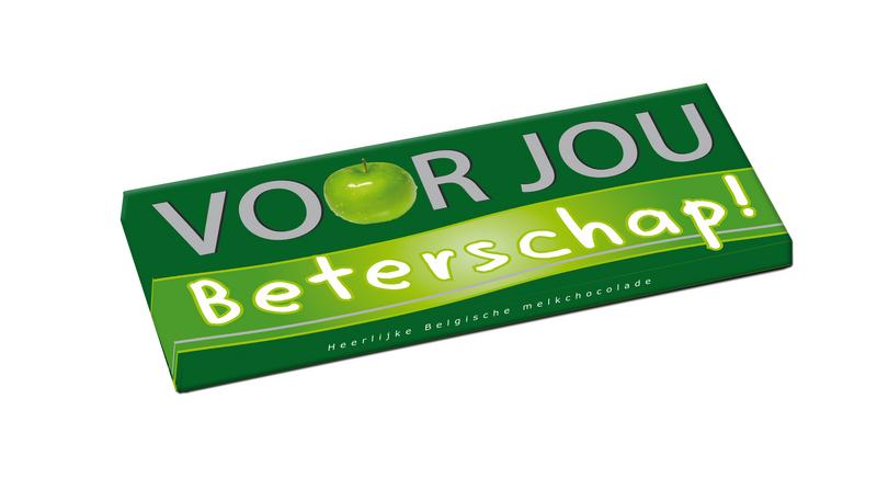 Voor Jou! Wensreep beterschap chocolade bar, 70g, with colorful packaging and images of chocolate and uplifting design.