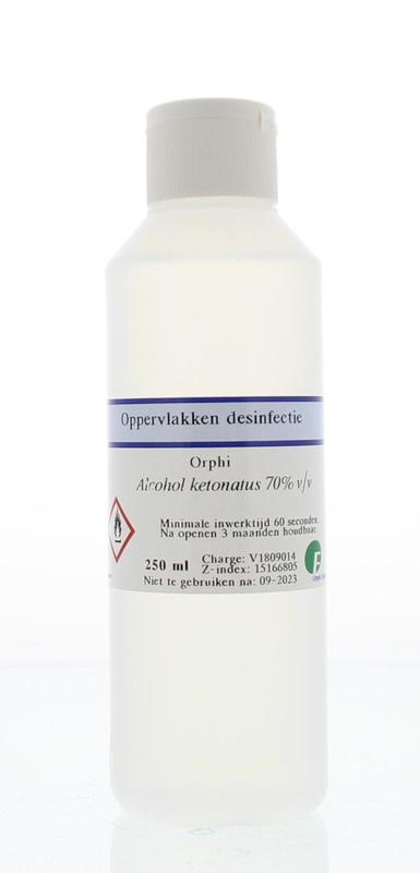 Orphi alcohol ketonatus 70% disinfectant in a 250ml bottle with a screw cap, used for cleaning and sanitizing surfaces.