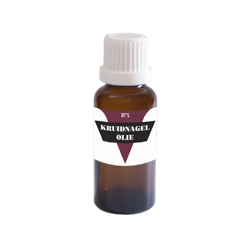 BT'S Kruidnagel olie 25ml, aromatic essential oil bottle from BT'S, with a dark glass container and label showing cloves.