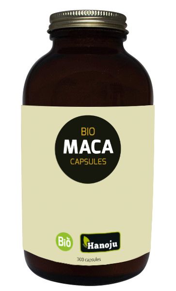 Hanoju Bio Maca capsules, herbal supplement, 300 capsules, featuring brown capsules in a blister pack.