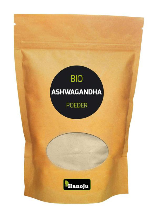 Organic Hanoju Ashwagandha powder in 250g package, herbal supplement, light brown fine powder for wellness and herbal remedies.