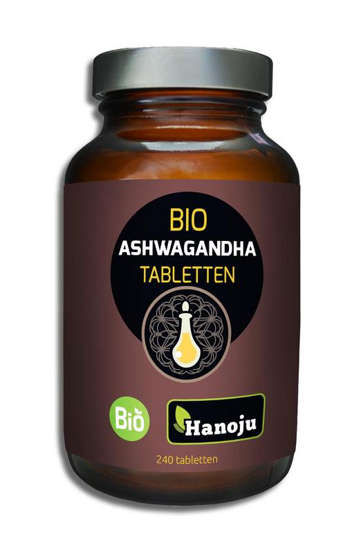 Organic Hanoju Ashwagandha tablets, 500mg each, displayed in a bottle, herbal supplement for wellness.