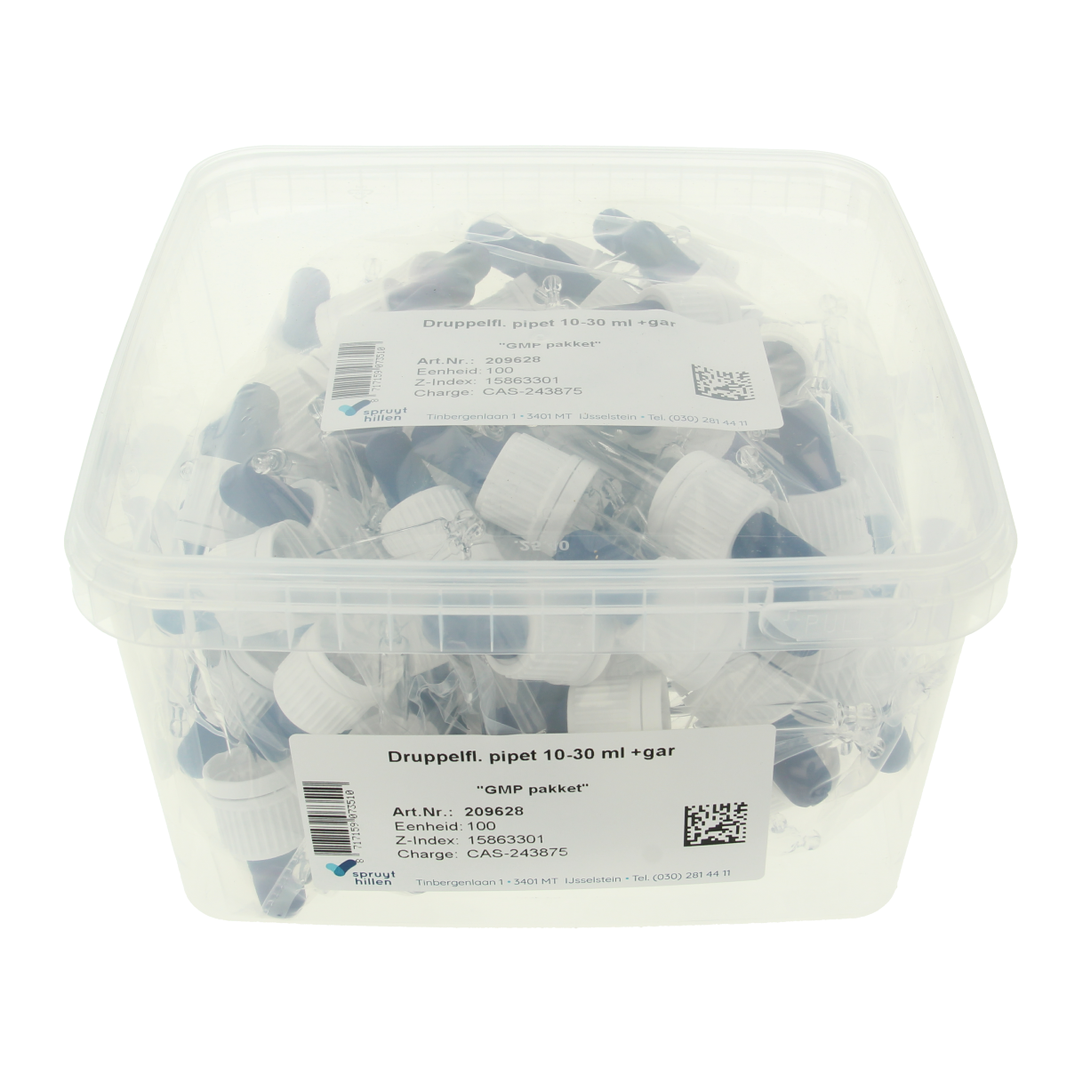 Spruyt Hillen Druppelflacon pipet with garantiesluiting, packaging material, 10-30 ml, set of 100 for laboratory use