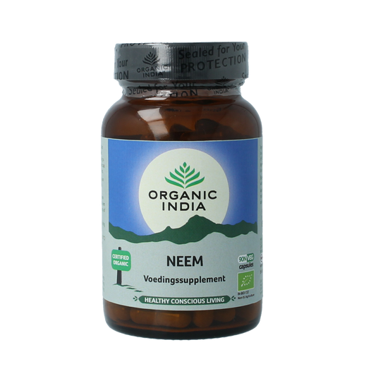 Organic India Neem bio capsules, herbal supplement in a bottle, showcasing the product packaging and capsules.