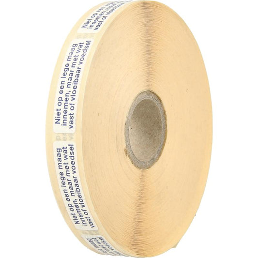Spruyt Hillen sticker labels with "niet op lege maag" message, 2500 pieces for medication or supplement packaging.