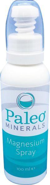Paleo Minerals Magnesium spray bottle for body care, 100ml, with a spray nozzle and labeled packaging.