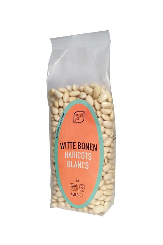 Greenage organic white beans in 450g package, fresh and healthy vegetable product for cooking or salads.