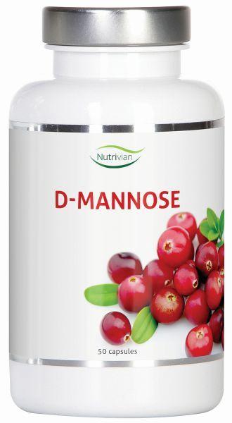 Nutrivian D-Mannose 500mg capsules in a bottle, herbal supplement for urinary health, 50 capsules visible in the image.