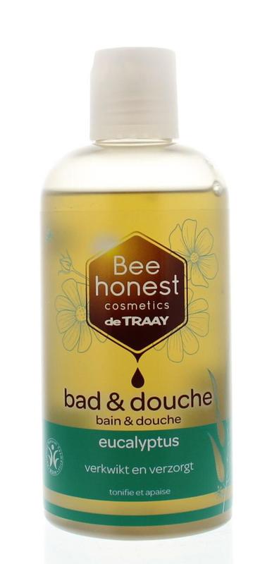 Traay Bee Honest eucalyptus bath and shower gel bottle, 250ml, with label showing product details and branding.