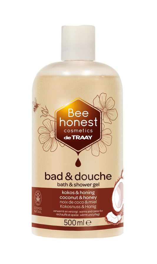 Traay Bee Honest coconut honey bath and shower gel in a 500ml bottle, featuring a clear container with golden liquid and a pump dispenser.