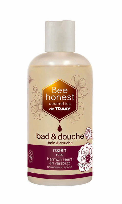 Traay Bee Honest Bad en Douche with Rose scent, 500ml bottle, gentle feminine hygiene product with floral fragrance.