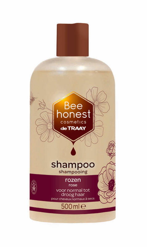 Traay Bee Honest shampoo bottle with floral design, 500ml, for hair care and nourishment in natural hair treatment.