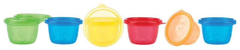 Set of six Nuby toddler cups with lids, 118ml each, featuring colorful designs and spill-proof lids for young children.