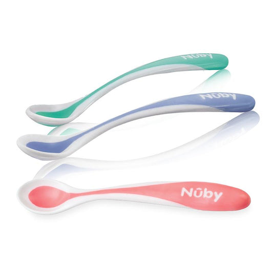 Set of four Nuby heat-sensitive spoons with soft edges for toddlers, designed for easy and safe feeding.