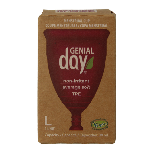 Gentle Day Menstruatie cup L size, reusable menstrual cup for women, made of medical-grade silicone, displayed on a white background.