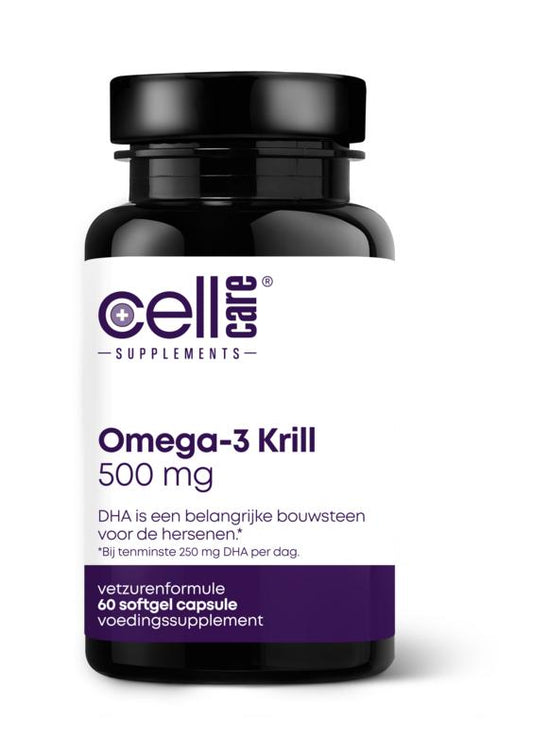CellCare Omega-3 krill softgels in a bottle, showing 60 Vetzuren omega-3 supplement capsules.