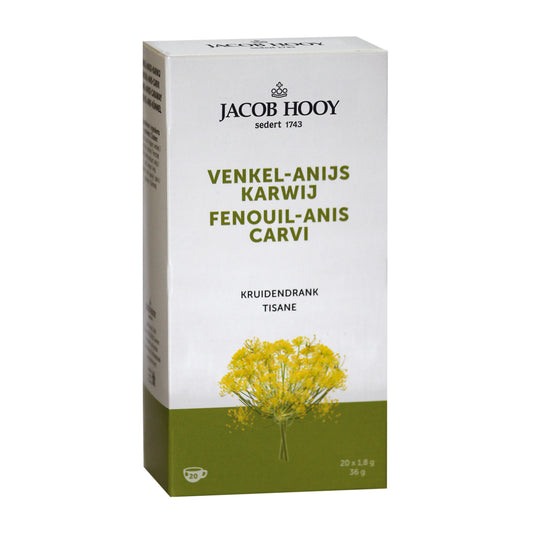 Jacob Hooy Venkel anijs karwij thee in a gold box, 20 tea bags, aromatic herbal tea with fennel, anise, and caraway flavors.