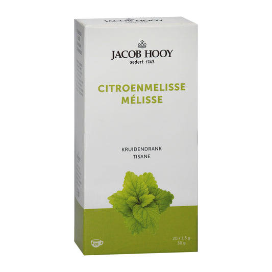 Jacob Hooy Citroenmelisse tea bags, 20 gold sachets, with fresh lemon balm leaves visible in the packaging.