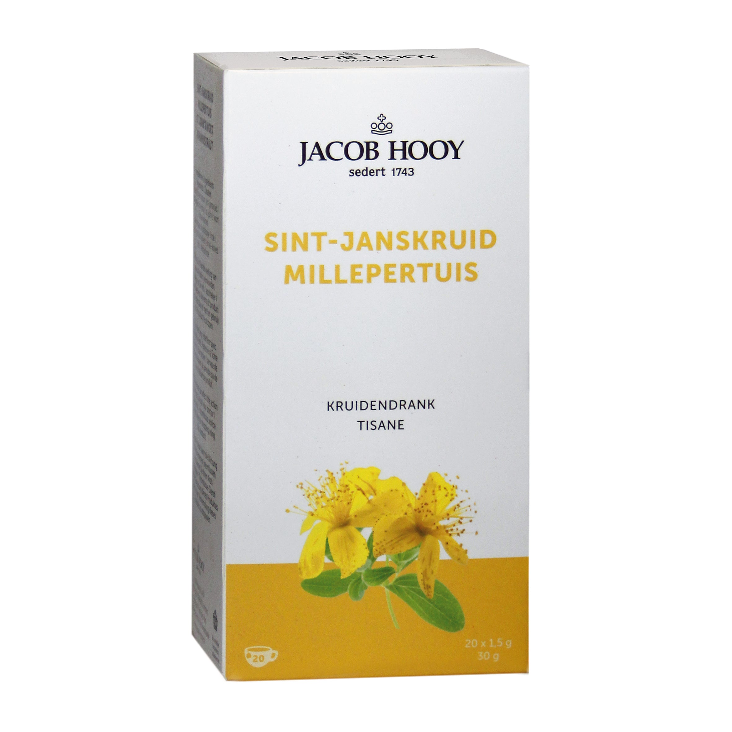 Jacob Hooy Sint Janskruid herbal tea bags in a box, 20 tea sachets, natural herbal remedy from the Jacob Hooy brand.
