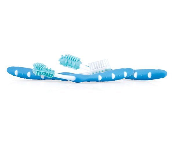 Set of three Nuby blue baby and toddler toothbrushes for children aged 3 months and older, suitable for gentle oral care.