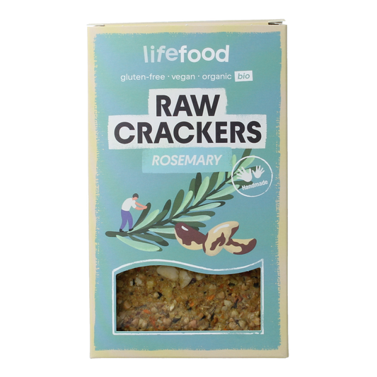 Raw organic rosemary crackers by Lifefood, 90g, showing a close-up of crispy, seasoned crackers in a natural setting.