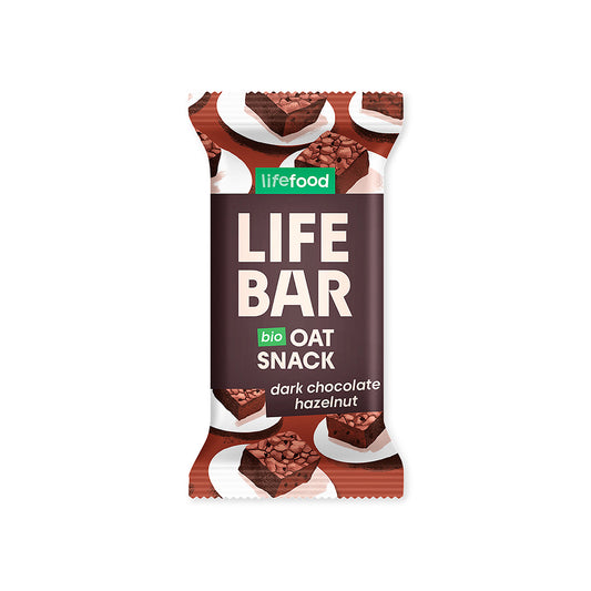 Lifefood Lifebar oatsnack with pure chocolate and hazelnuts, organic snack bar in 40g packaging, showing chocolate and hazelnut pieces.