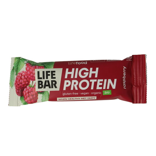 Organic raspberry protein snack bar by Lifefood, 40 grams, showcasing the textured bar with raspberry flavor pieces.