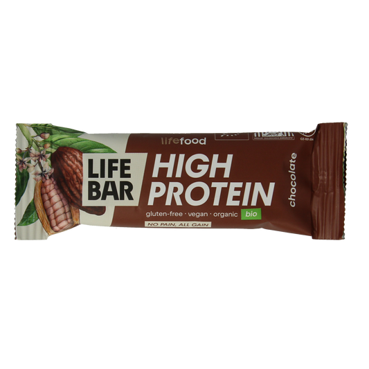 Lifefood Lifebar proteine chocolade bio snack bar, 40g, with chocolate flavor and organic ingredients, shown in the image.