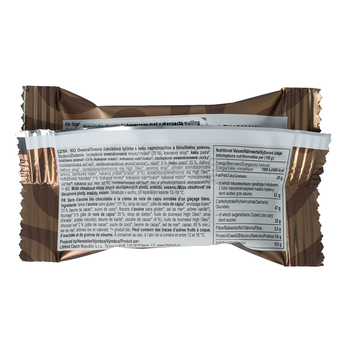 Lifefood double chocolate BIO snack bar, 35g, with rich chocolate layers and organic ingredients, in a colorful wrapper.