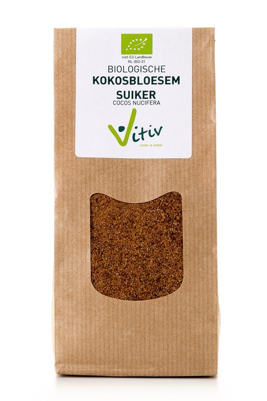 Organic Vitiv coconut blossom sugar in a 250g package, showing the natural brown sugar crystals and packaging label.