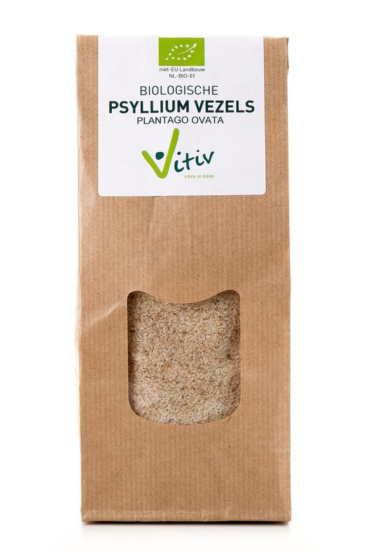 Vitiv Psyllium husk bio, 125g, raw superfood in a clear bag showcasing the natural, fibrous husks inside.