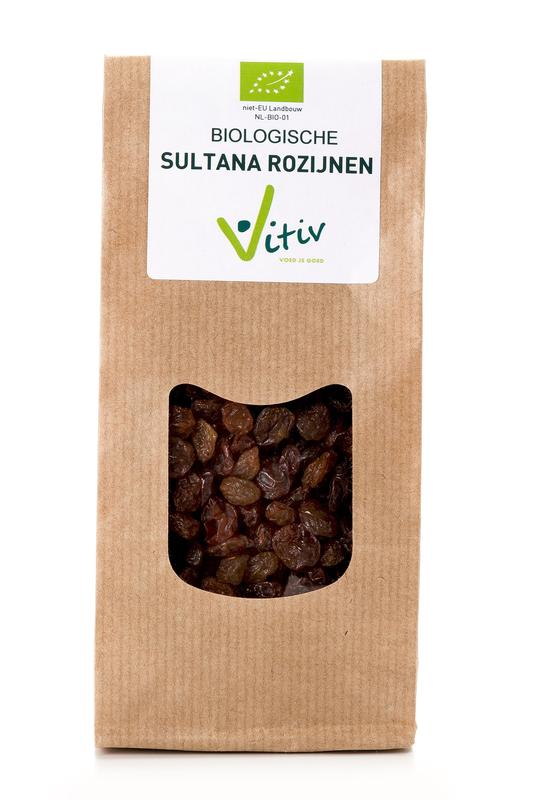 Vitiv Sultana rozijnen bio in 250g package, dried organic raisins with golden color, suitable for snacking or baking.
