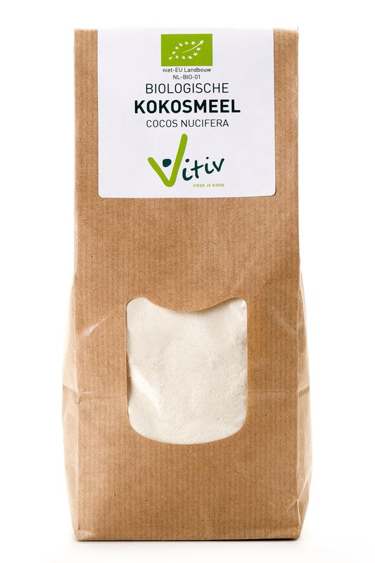 Organic Vitiv coconut flour in a 500g package, natural fine flour for baking and cooking.
