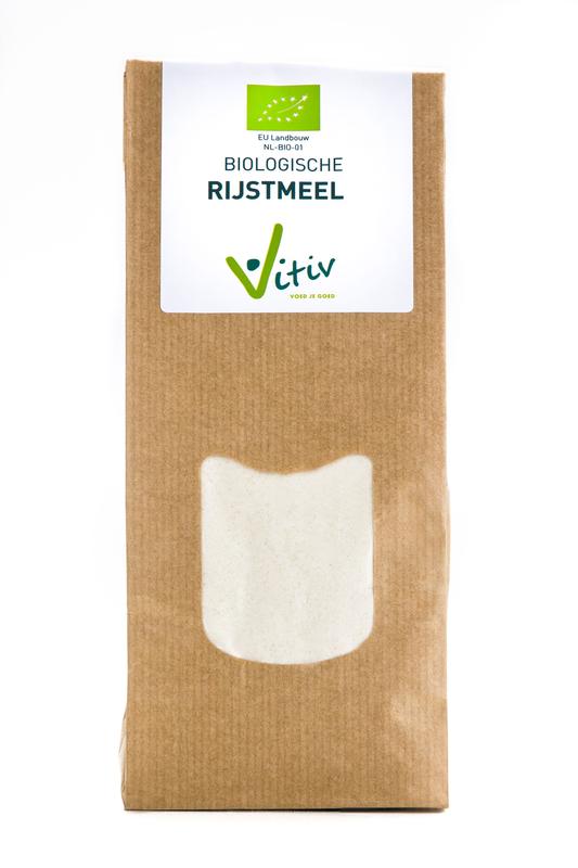 Vitiv bio rice flour 500g in a resealable bag, ideal for baking and gluten-free recipes, with a natural white rice appearance.