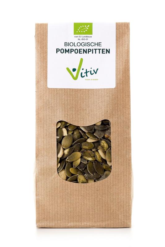 Vitiv organic pumpkin seeds, raw superfood in a 250g package, close-up of green pumpkin seeds on a white background.
