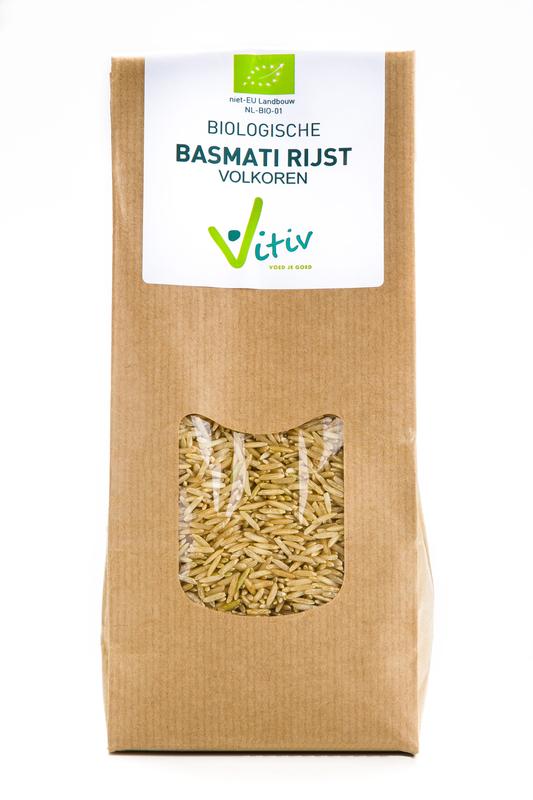 Organic Vitiv Basmati whole grain rice in a 500g package, showcasing long grains of brown rice in a natural setting.