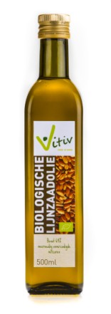 Vitiv bio linseed oil bottle, 500ml, showing the label and transparent container with golden flaxseed oil.