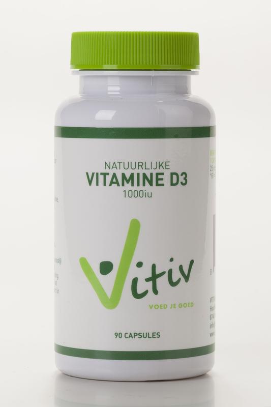 Vitiv Vitamin D3 1000IU capsules in a bottle, dietary supplement for bone health and immune support.