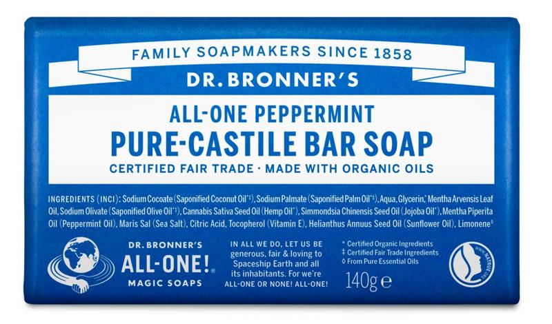 Dr Bronners Peppermint Bar Soap, 140g, with textured white soap bar featuring peppermint scent and branding on the packaging