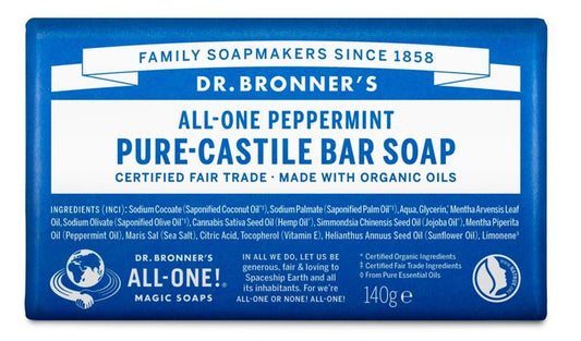 Dr Bronners Peppermint Bar Soap, 140g, with textured white soap bar featuring peppermint scent and branding on the packaging