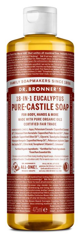 Dr Bronners eucalyptus liquid soap in a 475ml bottle, featuring natural ingredients and eco-friendly packaging.